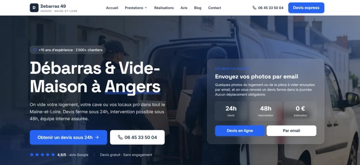 Site internet Débarras Angers 49 (débarras et vide-maison) créé par KBCOM
